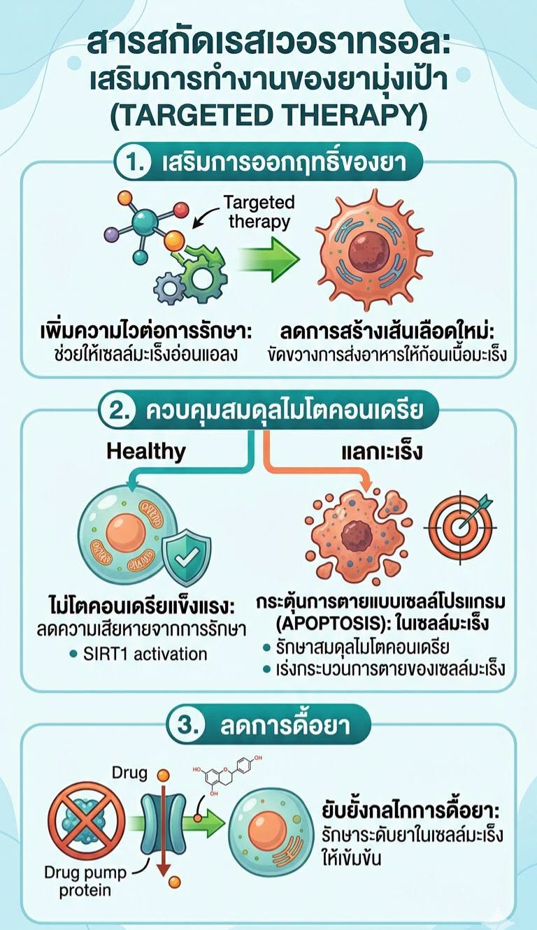 การใช้เรสเวอราทรอล (Resveratrol) ร่วมกับการรักษามะเร็งด้วยยามุ่งเป้า (Targeted Therapy) เป็นหัวข้อที่ได้รับความสนใจอย...
