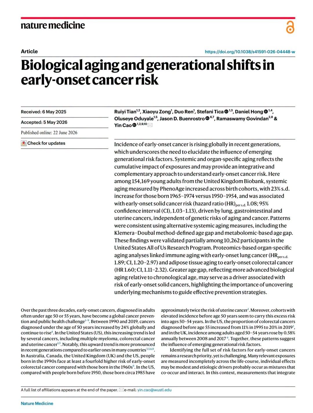 “Biological aging and generational shifts in early-onset cancer risk” ตีพิมพ์ในวารสาร Nature Medicine เมื่อเดือนมิถุน...