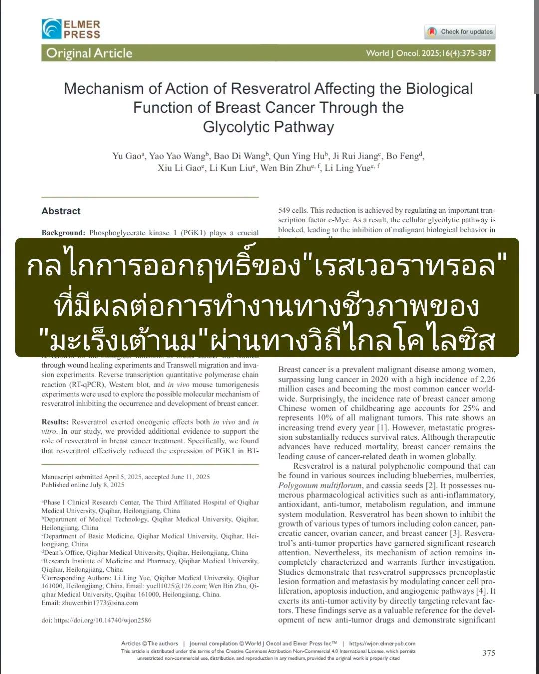 : Mechanism of Action of Resveratrol Affecting the Biological Function of Breast Cancer Through the Glycolytic Pathway
