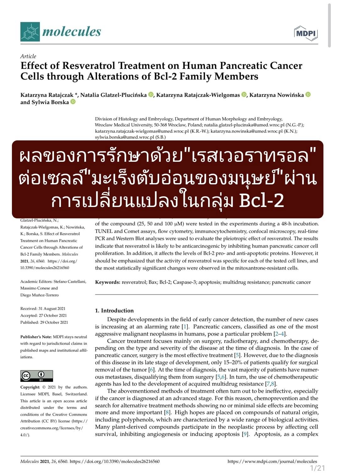 “Effect of Resveratrol Treatment on Human Pancreatic Cancer Cells through Alterations of Bcl-2 Family Members” ศึกษาผ...
