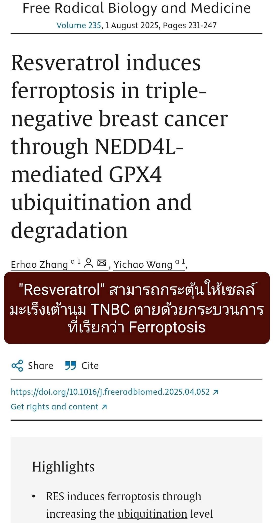 ศึกษาผลของ เรสเวอราทรอล (Resveratrol) ต่อมะเร็งเต้านมชนิดรุนแรงที่เรียกว่า