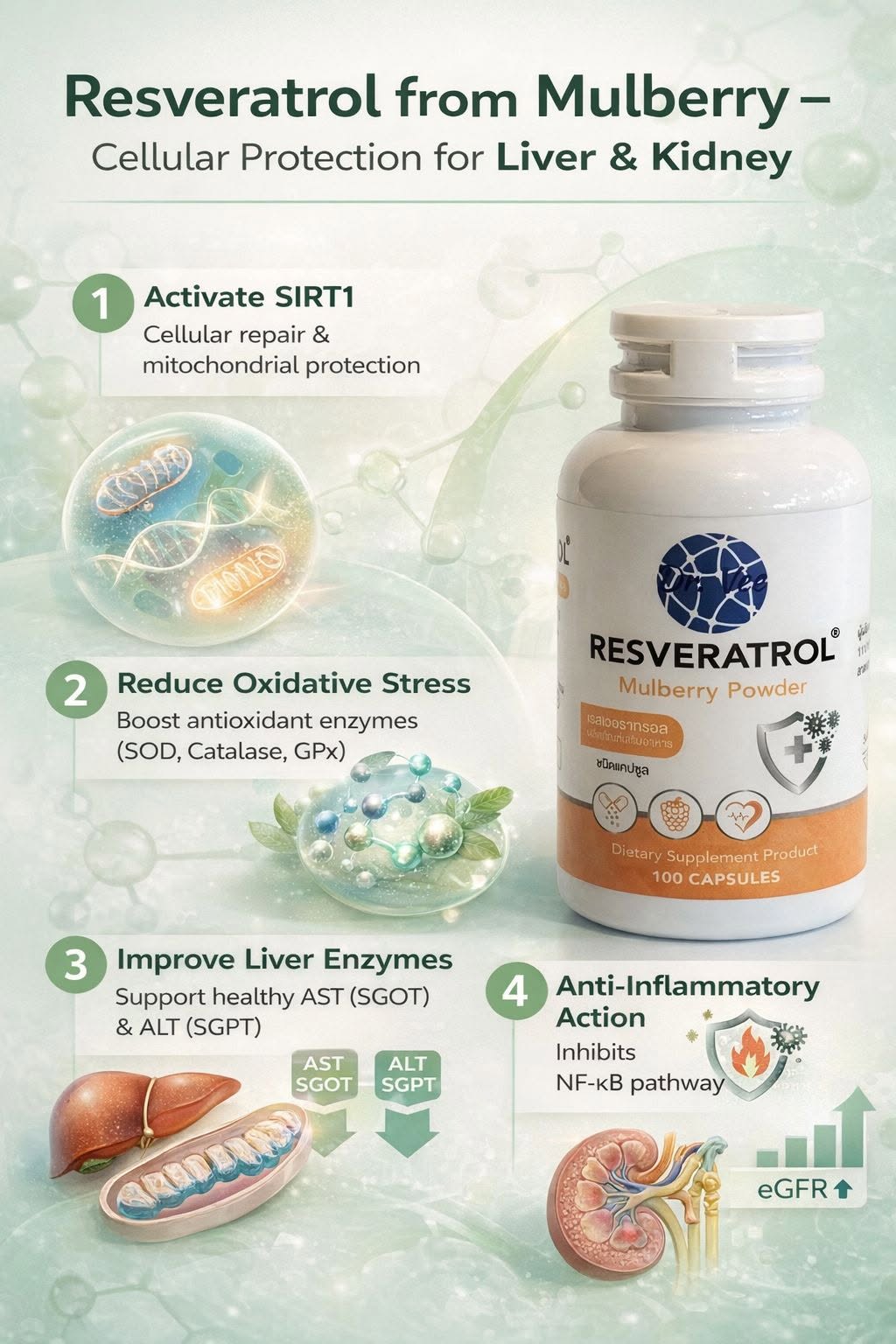 เรสเวอราทรอล (Resveratrol) ที่สกัดจากมัลเบอร์รี่ในผลิตภัณฑ์ Dr.Vee มีงานวิจัยจำนวนมากที่อธิบายกลไกระดับ ชีวโมเลกุล (m...