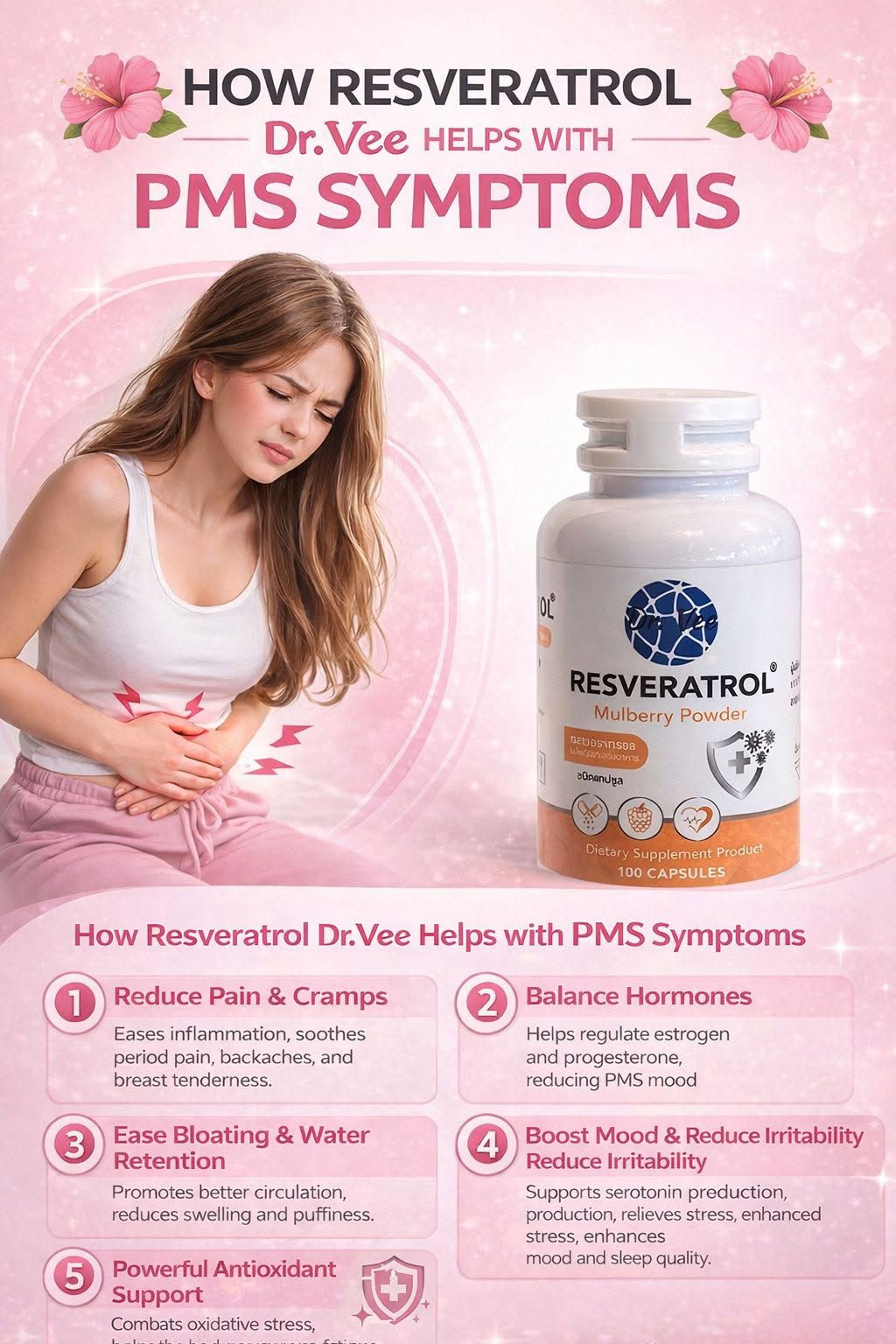 เรสเวอราทรอล Dr.Vee สกัดจากมัลเบอร์รี่ สามารถช่วยดูแลและบรรเทาอาการ กลุ่มอาการก่อนมีประจำเดือน (PMS – Premenstrual Sy...