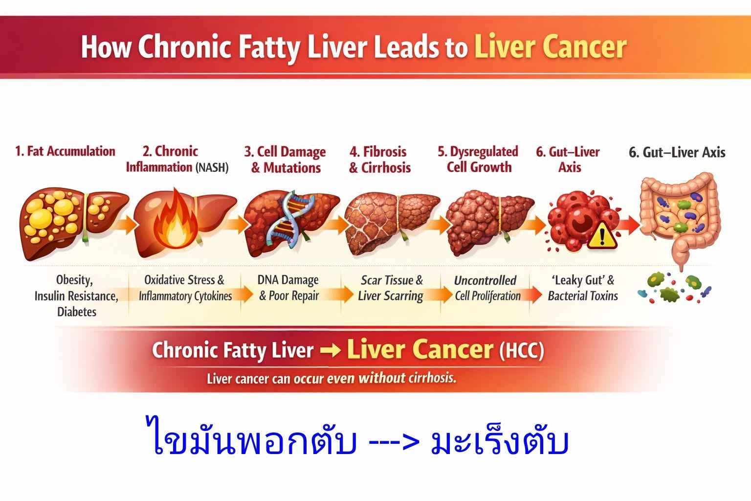 ไขมันพอกตับ (Fatty liver) พัฒนาไปจนกลายเป็น มะเร็งตับ (Hepatocellular carcinoma: HCC) เกิดจากกระบวนการสะสมความเสียหาย...