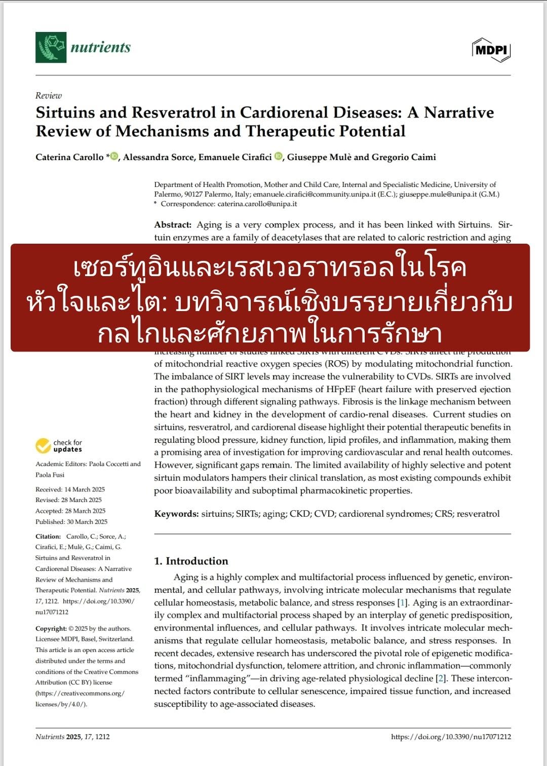 เซอร์ทูอินและเรสเวอราทรอลในโรคหัวใจและไต: บทวิจารณ์เชิงบรรยายเกี่ยวกับกลไกและศักยภาพในการรักษา