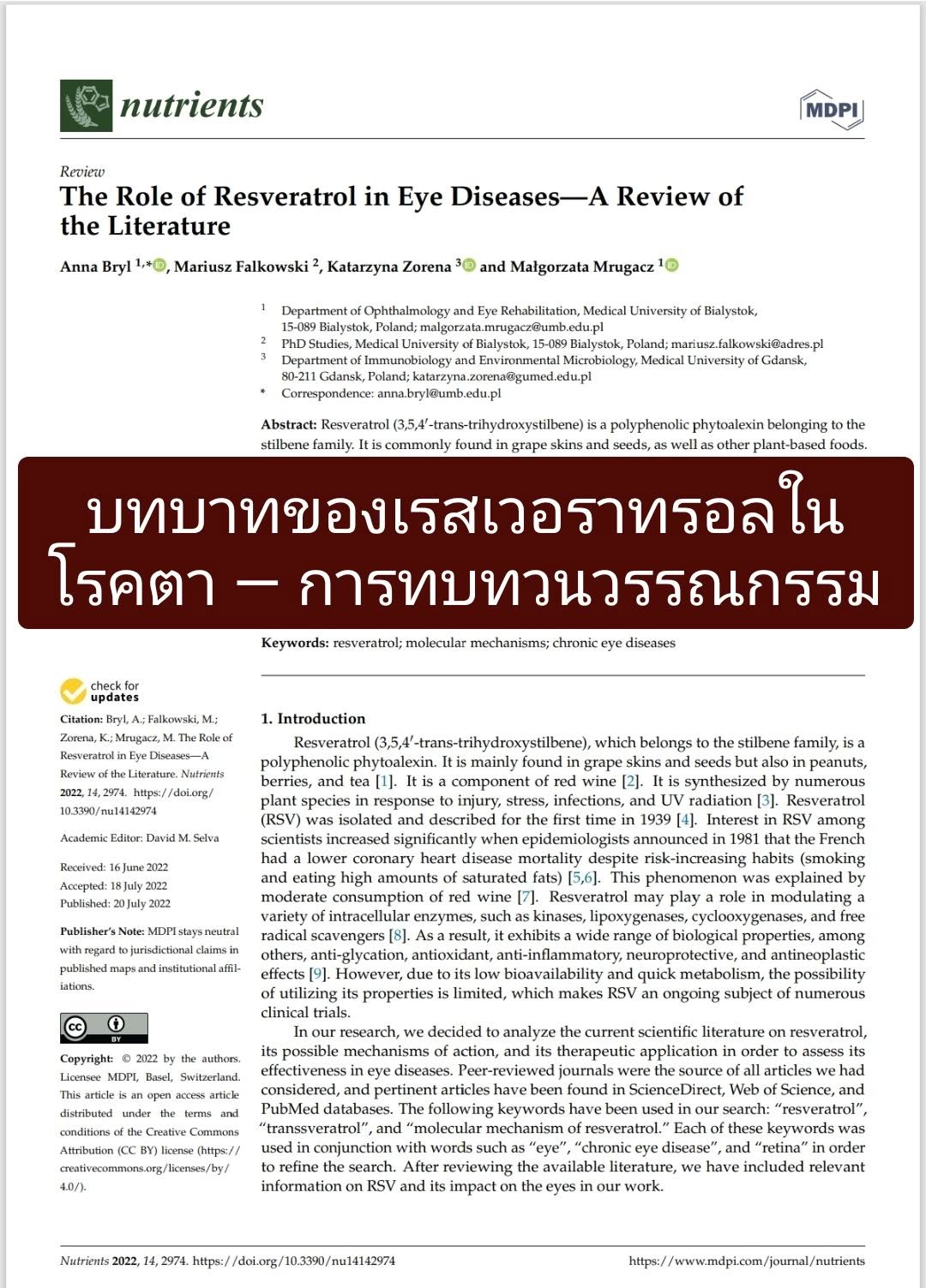 บทความ “The Role of Resveratrol in Eye Diseases — A Review of the Literature” บทความจาก Nutrients, รีวิวทางวิทยาศาสตร...