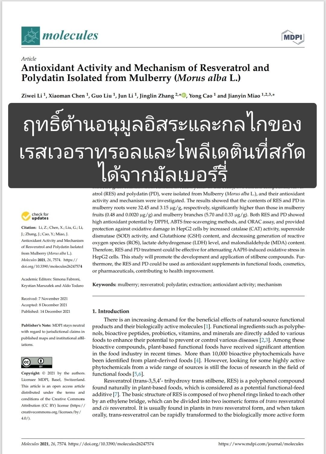 เป็นภาษาไทยของบทความ Antioxidant Activity and Mechanism of Resveratrol and Polydatin Isolated from Mulberry (Morus al...