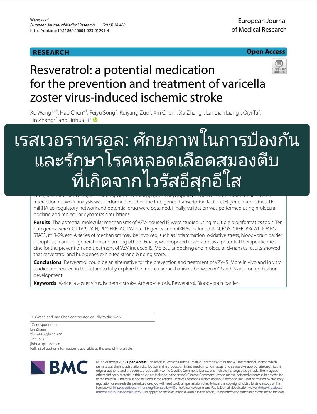 วิจัยเรื่อง "Resveratrol: a potential medication for the prevention and treatment of varicella zoster virus-induced i...