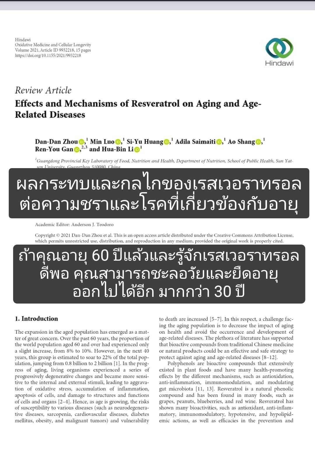 Effects and Mechanisms of Resveratrol on Aging and Age-Related Diseases (2021) — พร้อมประเด็นหลัก ผลลัพธ์ — เน้นสำหรั...