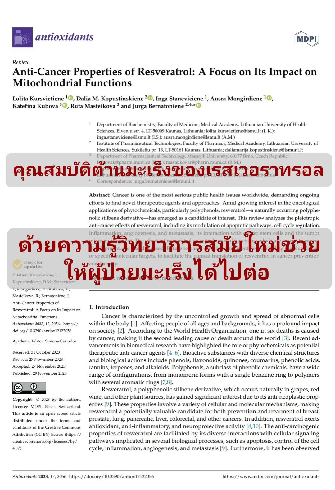 อัตรารอดชีวิตจากมะเร็ง ของคนไทย (5-year survival rate เฉลี่ย ~32.3%) กับ ศักยภาพของเรสเวอราทรอล (Resveratrol) ที่พบใน...