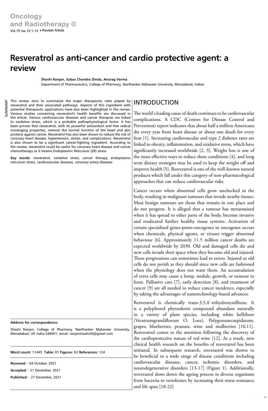 สาระสำคัญของบทความ "Resveratrol as Anticancer and Cardio-Protective Agent: A Review":