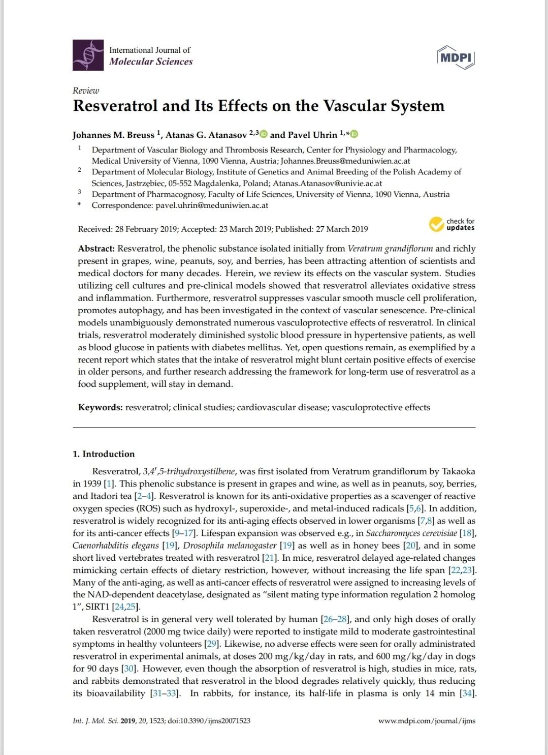 บทความ “Resveratrol and Its Effects on the Vascular System" (เรสเวอราทรอลและผลกระทบต่อระบบหลอดเลือด) สรุปประเด็นสำคัญ...