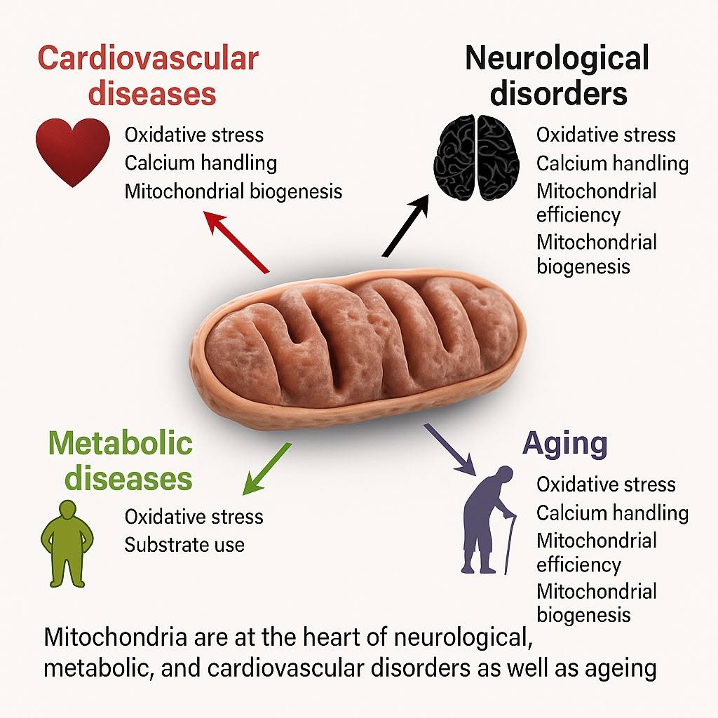 จากภาพ แสดงให้เห็นว่า ไมโตคอนเดรีย (Mitochondria) เป็นศูนย์กลางสำคัญที่เกี่ยวข้องกับ โรคหลากหลายระบบในร่างกาย รวมถึงก...