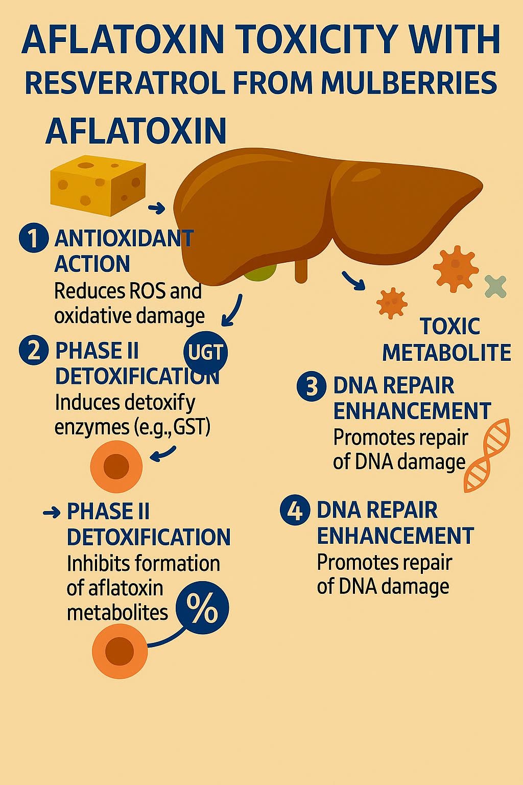 อธิบายกลไกทางชีววิทยาในการลดความเป็นพิษของสารก่อมะเร็งอะฟลาทอกซิน (Aflatoxin) ด้วยเรสเวอราทรอลสกัดจากมัลเบอร์รี่: