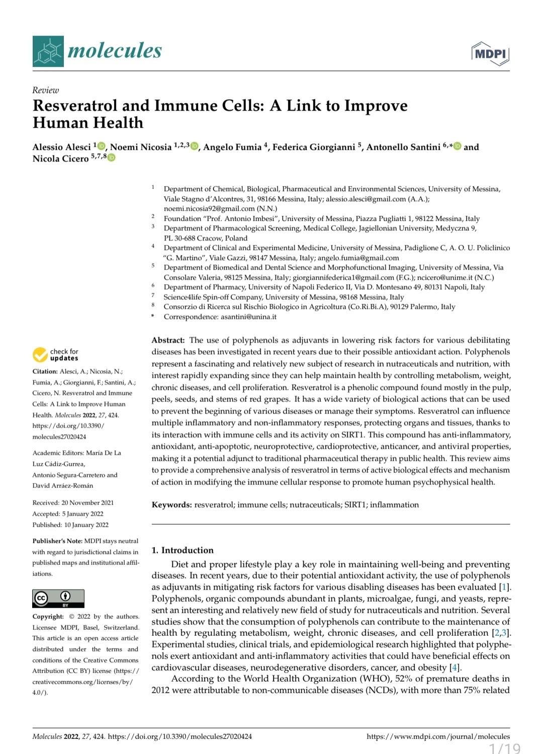 Resveratrol and Immune Cells: A Link to ImproveHuman Health