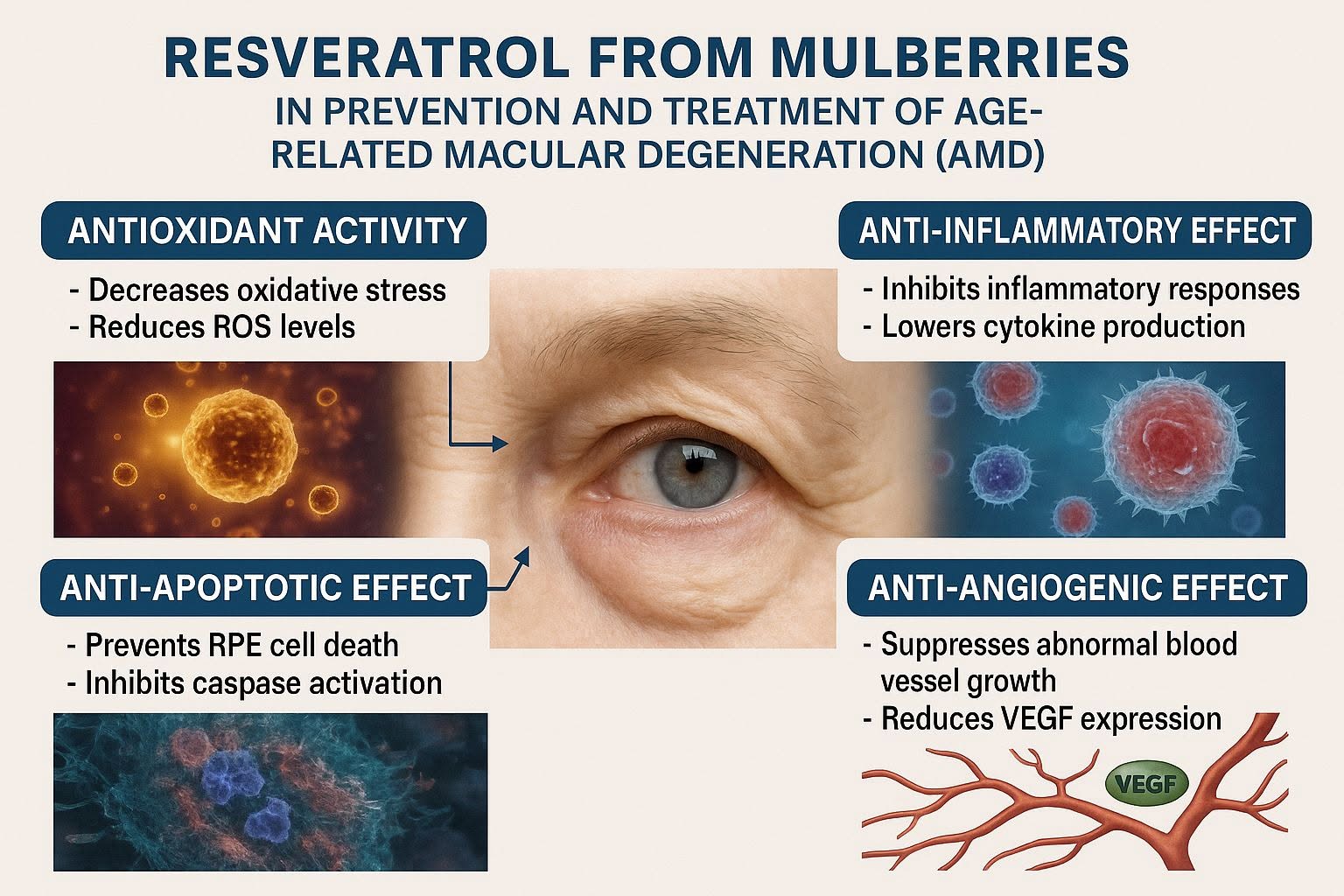 เรสเวอราทรอลสกัดจากมัลเบอร์รี่ (Resveratrol from mulberry extract) มีศักยภาพในการป้องกันและชะลอความเสื่อมของจอประสาทต...
