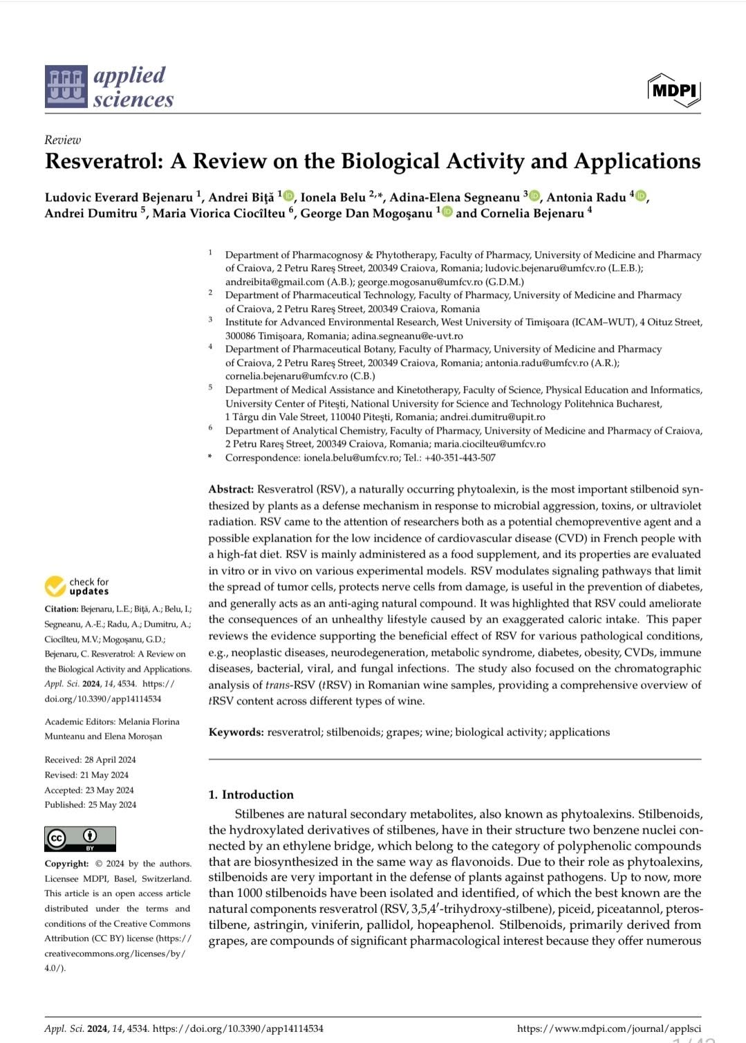 Resveratrol: A Review on the Biological Activity and Applications