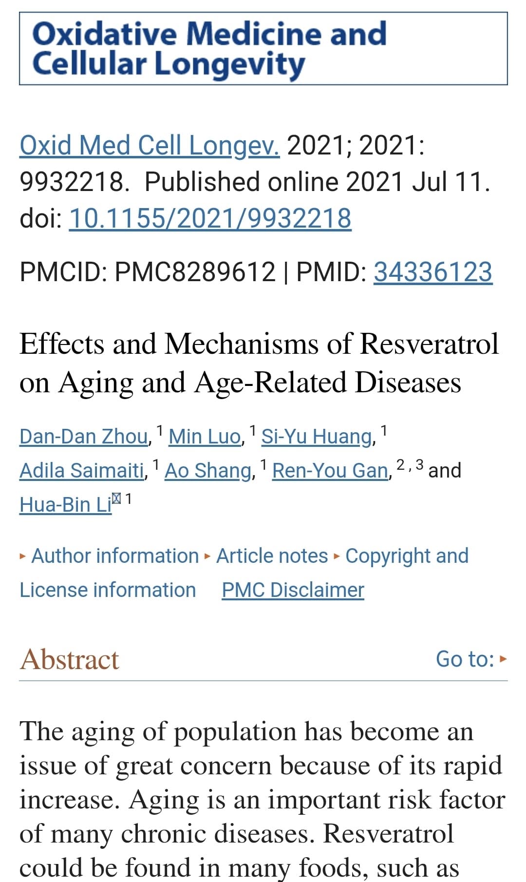 Effects and Mechanisms of Resveratrol on Aging and Age-Related Diseases