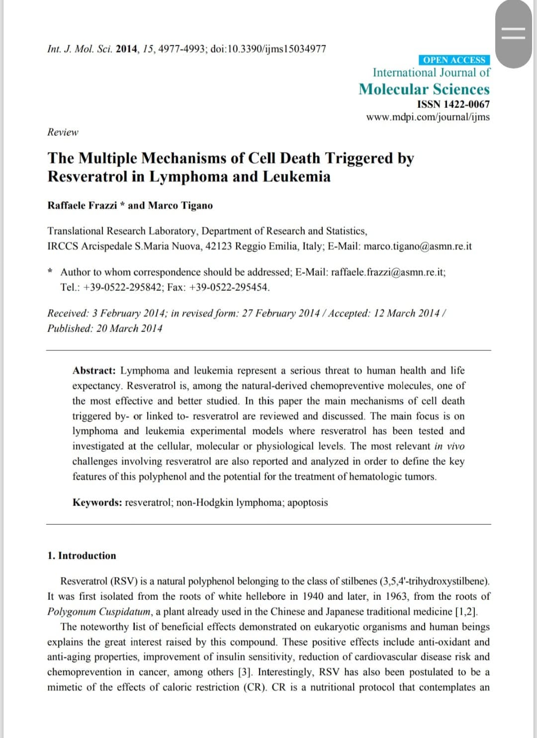 The Multiple Mechanisms of Cell Death Triggered by Resveratrol in Lymphoma and Leukemia