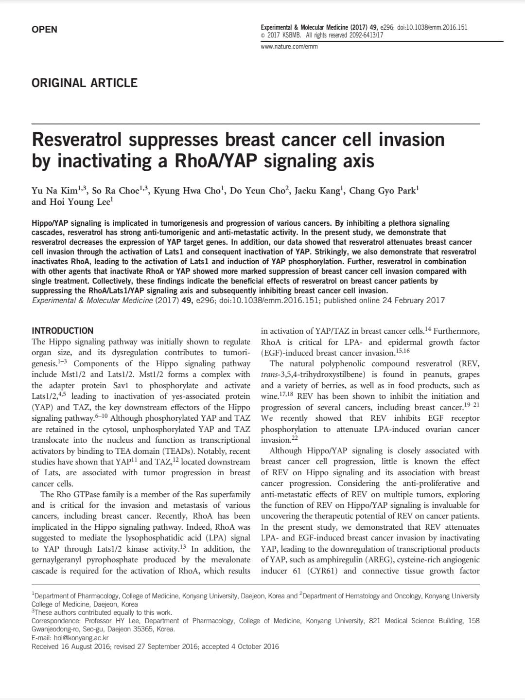 สารเรสเวอราทรอล (Resveratrol) ยับยั้งการบุกรุกของเซลล์มะเร็งเต้านมโดยการปิดใช้งานแกนส่งสัญญาณ RhoA/YAP