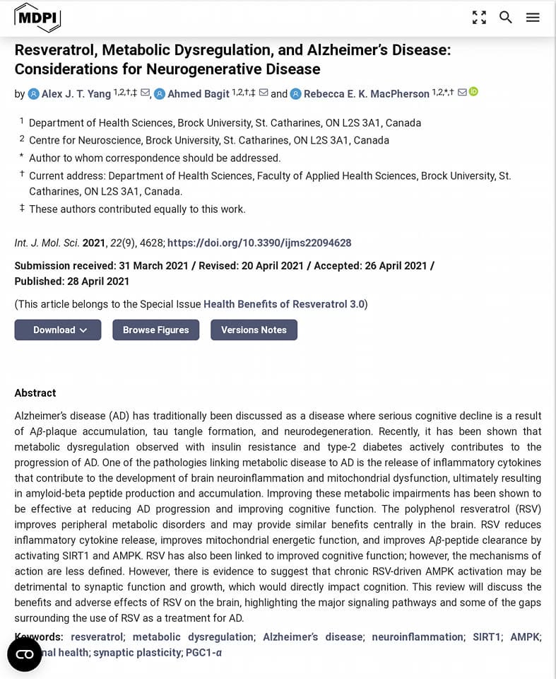 Resveratrol, Metabolic Dysregulation, and Alzheimer’s Disease: Considerations for Neurogenerative Disease